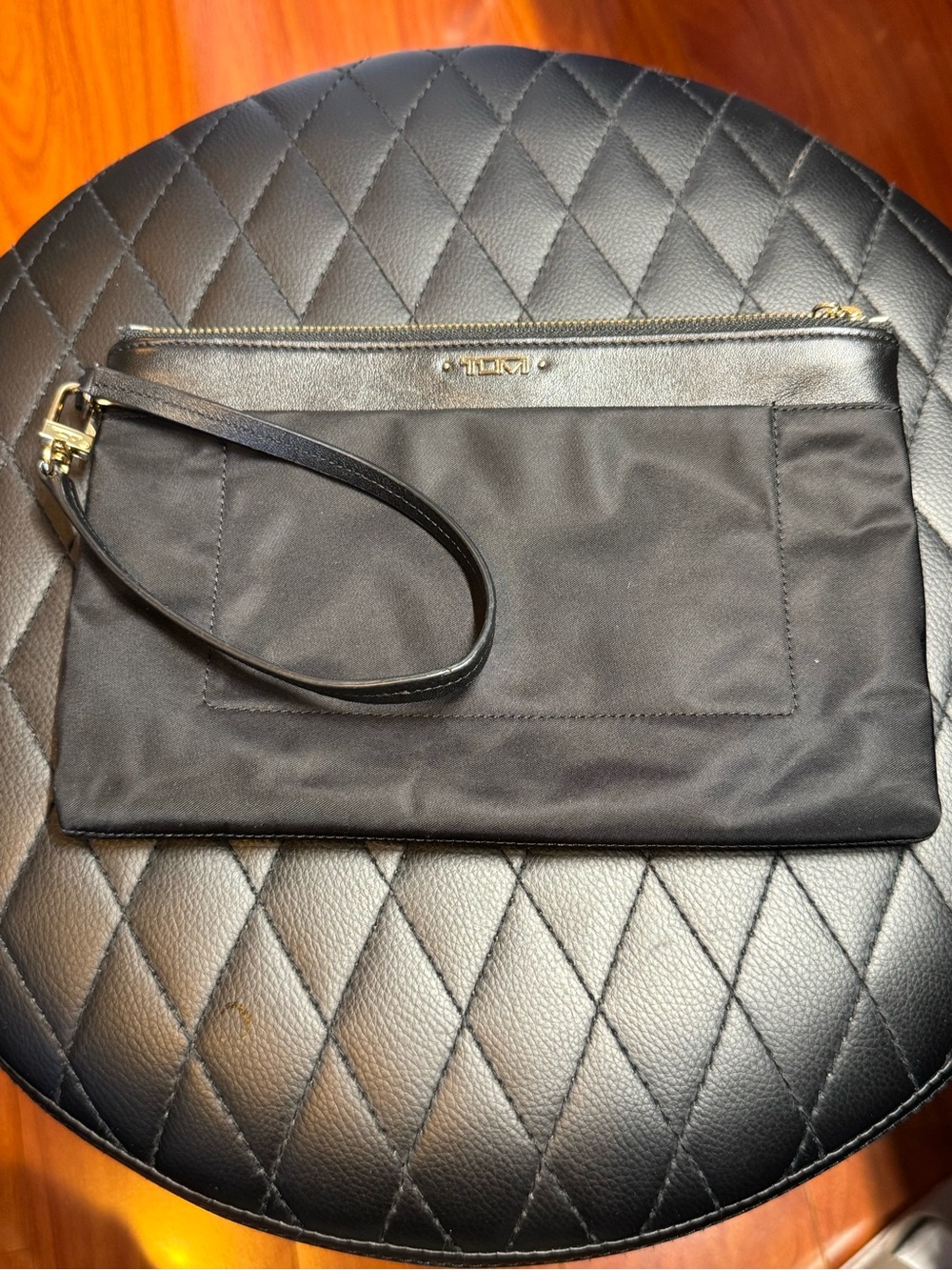 Tumi Black Nylon and Leather Wristlet Pouch with Gold Hardware
